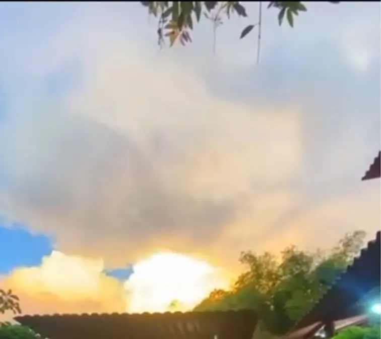 Nubes encendidas por el atardecer sobre los árboles del jardín.