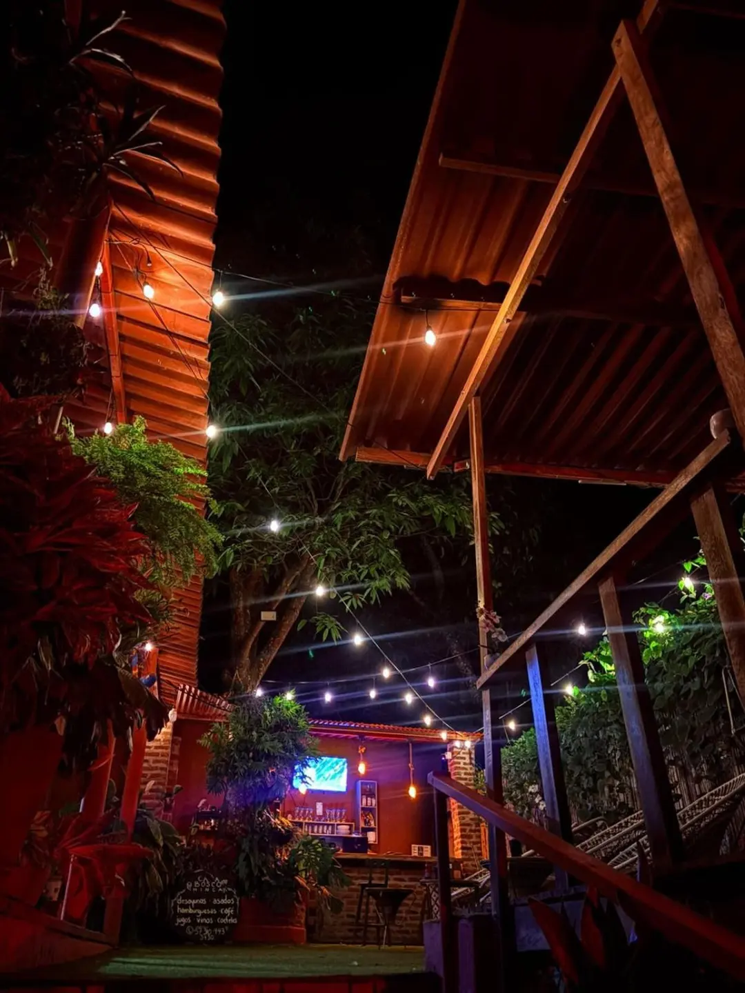 La terraza de noche, con guirnaldas de luces bajo el techo de madera y la barra iluminada al fondo.