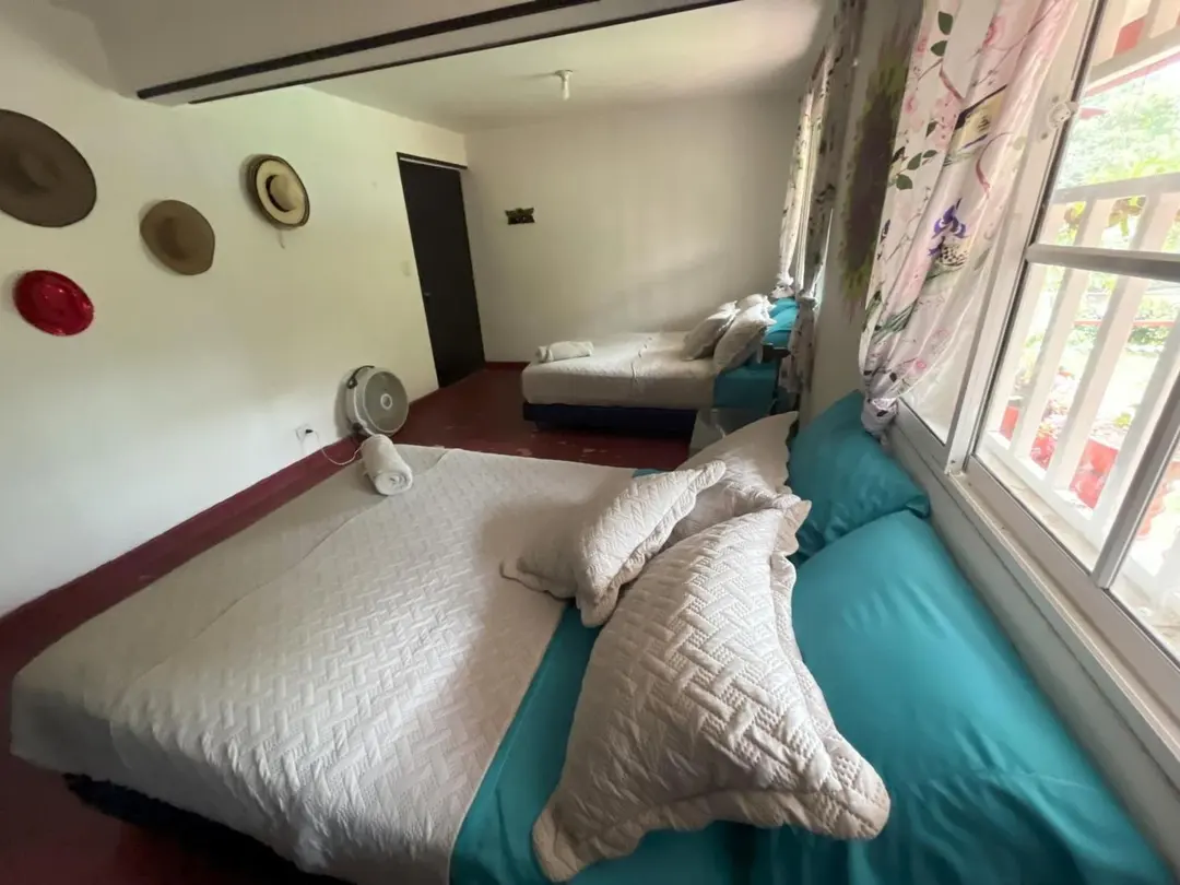 Cama con sábanas turquesa junto a ventanas con cortinas estampadas; en la pared, sombreros decorativos.